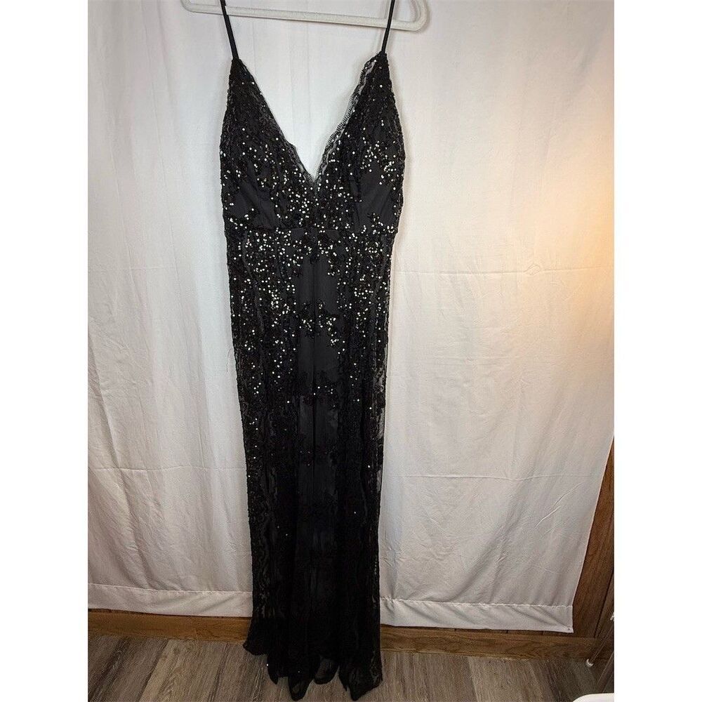 Womens Fashion Nova Formal Jumpsuit 1X Black Sequin Lace Overlay Maxi V-Neck - Picture 3 of 16